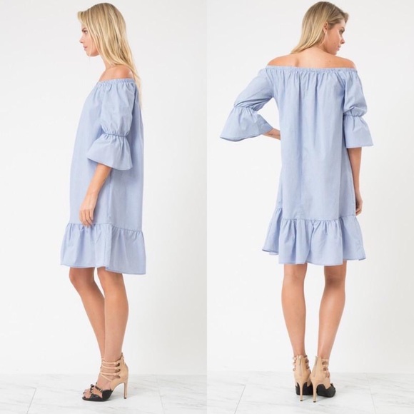 πHPπ Blue Off The Shoulder Pinstripe Mini Dress - Picture 6 of 7